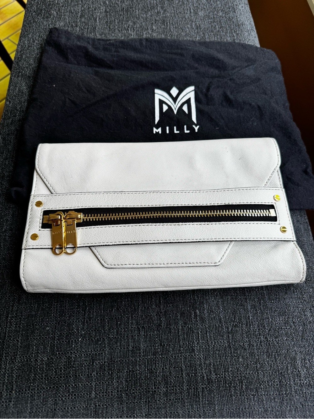Milly White Leather Zip-Front Clutch with Gold Hardware